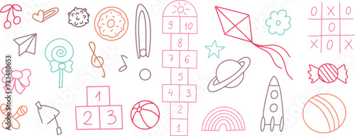 Daycare doodle toys icons set. Doodle kindergarten Montessori toys for nursery and school. Vector illustration