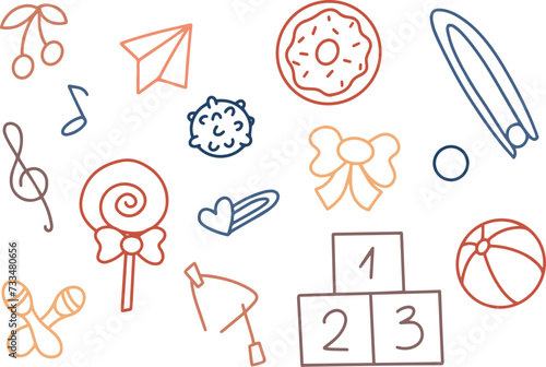 Daycare hand drawn doodle icons set. Doodle kindergarten montessori toys for nursery, school. Vector illustration photo