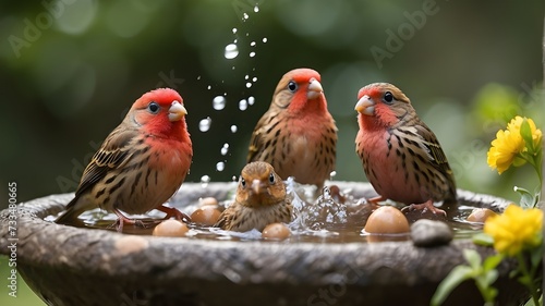 Playful finches enjoying a refreshing bath in a backyard birdbath