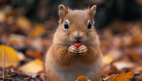 Cute Squirrel Holding a Berry in Autumn Leaves