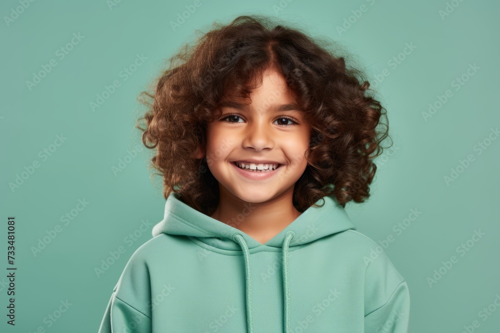 Little curly girl in a green hoodie on a turquoise background Little curly girl in a green hoodie on a turquoise background