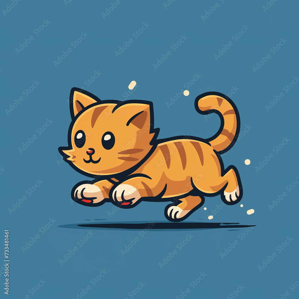 Obraz premium Flat logo of cute running orange tabby cat in vector art cartoon style for kid