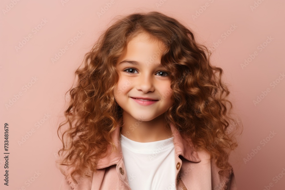 Portrait of a beautiful little girl with curly hair on a pink background Portrait of a beautiful little girl with curly hair on a pink background