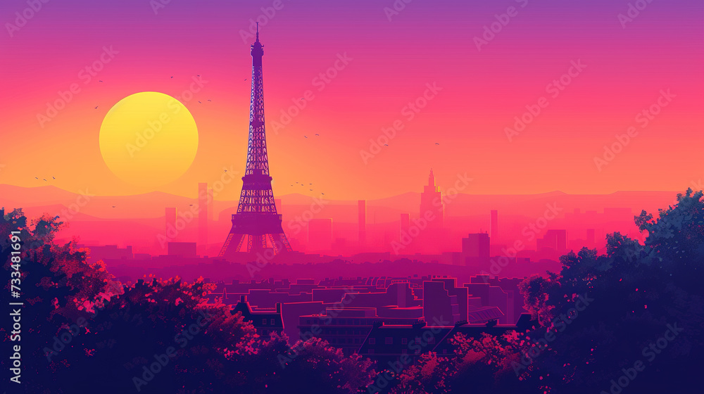 Eiffel tower in Paris during sunrise or sunset in minimal colorful flat vector art style illustration.