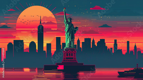 Statue of liberty in minimal colorful flat vector art style illustration. photo