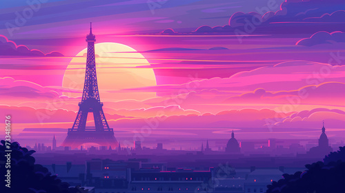 Eiffel tower in Paris during sunrise or sunset in minimal colorful flat vector art style illustration. © Tepsarit