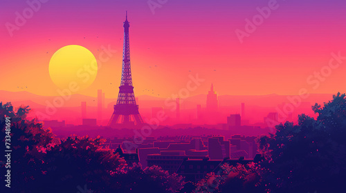 Eiffel tower in Paris during sunrise or sunset in minimal colorful flat vector art style illustration.