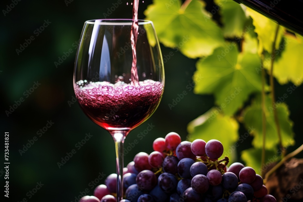 Red wine being poured into a glass with grapes on a dack background