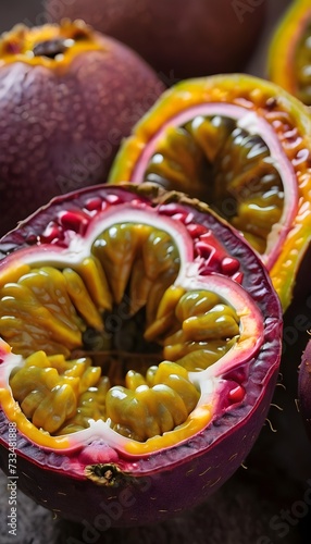 A close-up view of a group of ripe, vivid Passion fruit with a deep, textured detail.