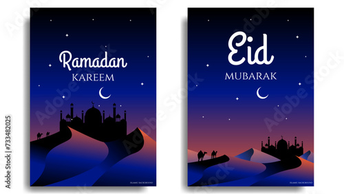 islamic background with desert landscape with mosque and camels at midnight. cover or poster design. vector illustration