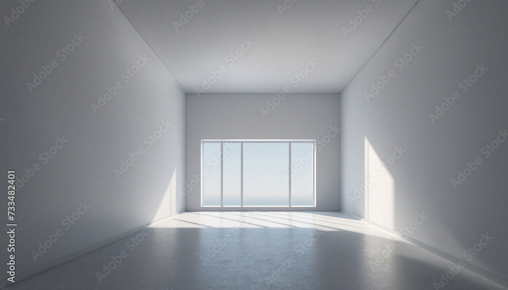 Fototapeta premium 3d rendering, abstract minimalist geometric background. Bright cool light going through the long horizontal window inside the dark empty room with steps