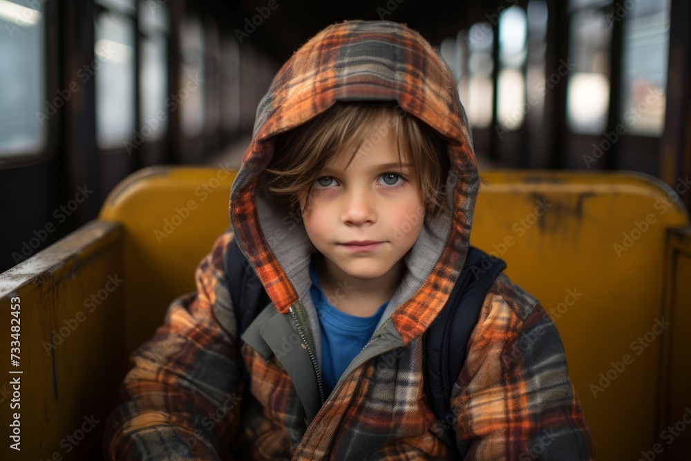 Portrait of a sad little boy in a train. Selective focus. Portrait of a sad little boy in a train. Selective focus.