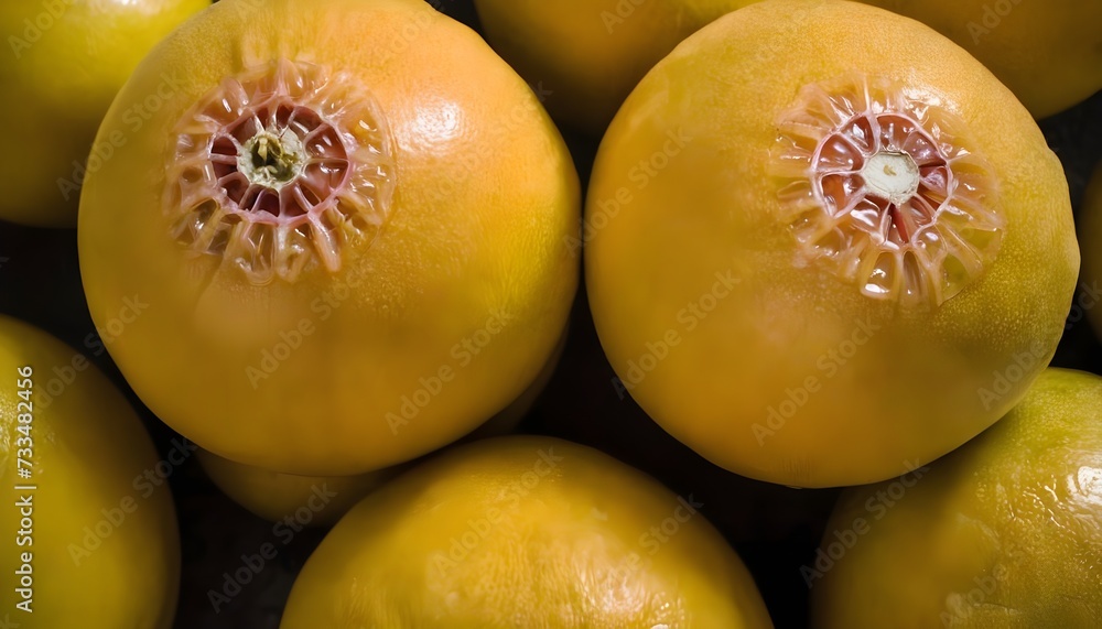 A close-up view of a group of ripe, vivid Quince with a deep, textured detail.