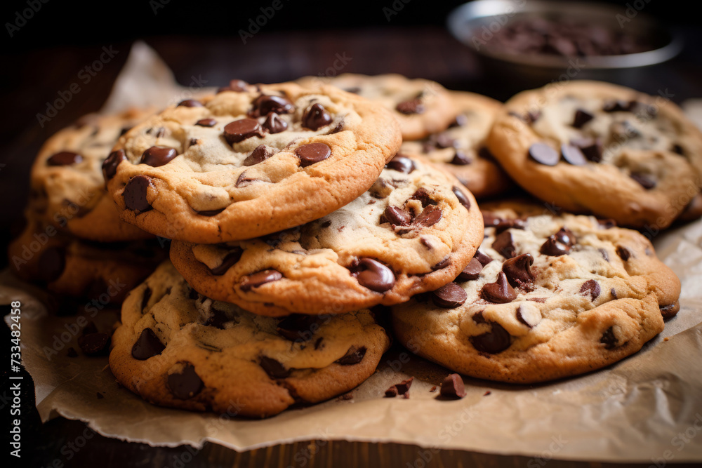 Chocolate chip cookies on parchment paper with chocolate chips and pieces and flaky salt