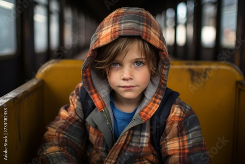 Portrait of a sad little boy in a train. Selective focus.