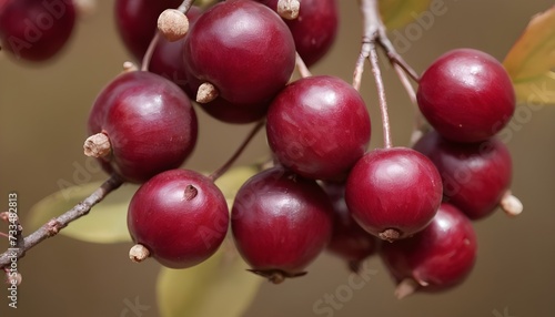 A close-up view of a group of ripe, vivid Serviceberry with a deep, textured detail. 
