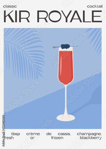 Kir Royale Cocktail with champagne in flute glass garnish with blackberry. Classic alcoholic beverage recipe modern print. Summer french aperitif. Contemporary poster for bar menu. Vector illustration