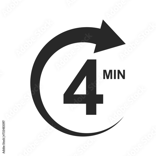 4 min countdown sign. Four minutes icon with round arrow. Stopwatch symbol. Sport or cooking timer isolated on white background. Delivery, deadline, duration pictogram. Vector graphic illustration