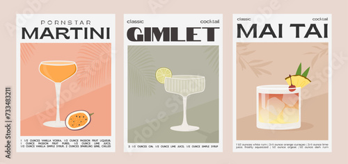 Pornstar Martini, Gimlet and Mai Tai Cocktail. Classic alcohol beverage recipe. Set of modern trendy graphic print. Summer aperitif wall art. Minimalist poster with garnish drink. Vector illustration.