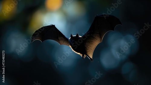 A bat silhouetted against a bokeh light background