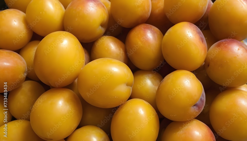 A close-up view of a group of ripe, vivid Yellow plum with a deep, textured detail. A close-up view of a group of ripe, vivid Yellow plum with a deep, textured detail.