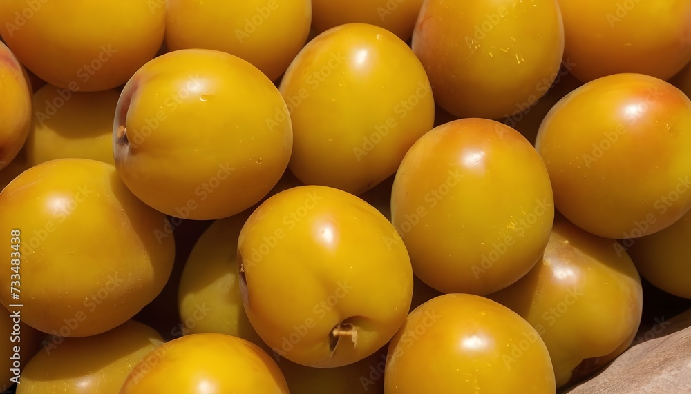 A close-up view of a group of ripe, vivid Yellow plum with a deep, textured detail. A close-up view of a group of ripe, vivid Yellow plum with a deep, textured detail.