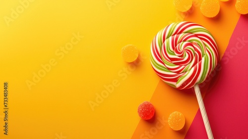 A vibrant lollipop and candies on a colorful background photo