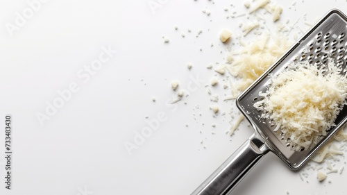 Grated cheese and a grater on a white background