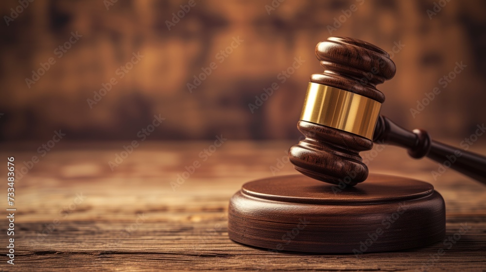 Wooden gavel on rustic wooden table background Wooden gavel on rustic wooden table background