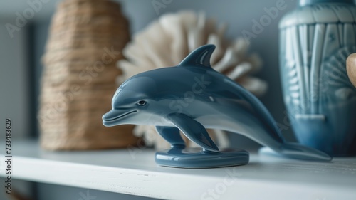 A ceramic dolphin figurine displayed on a white shelf photo