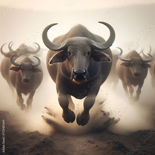 Aggressive Angry Brown Bull Buffalo Horde with Sharp Horns Looking and Running in Dirt Road Forest Towards the Camera in Cloud Trail of Dust Everywhere. Wildlife Animal, Mammal, Safari, Wild, Nature.