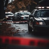 Site of a crime scene investigation, yellow tape is blocking off the area, police cars surround the area. - Generative AI