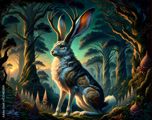 illustration of the mythological creature, the Jackalope, set in a mystical forest at twilight