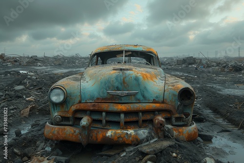 A forgotten relic of the past, a rusted car stands abandoned in a desolate field, its decaying body a stark contrast against the vast sky and cloud-covered landscape
