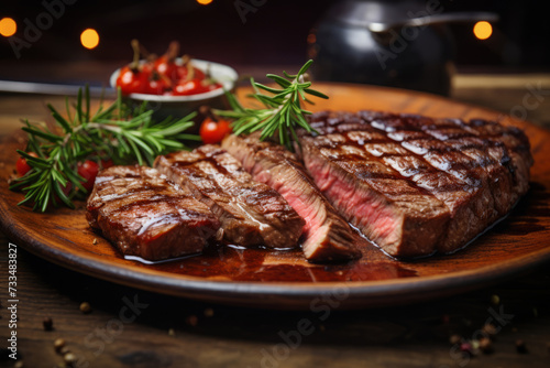 Grilled steak medium rare with rosemary on a plate on wooden table photo