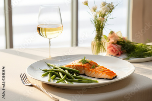 Grilled salmon with green beans on a plate served with white wine