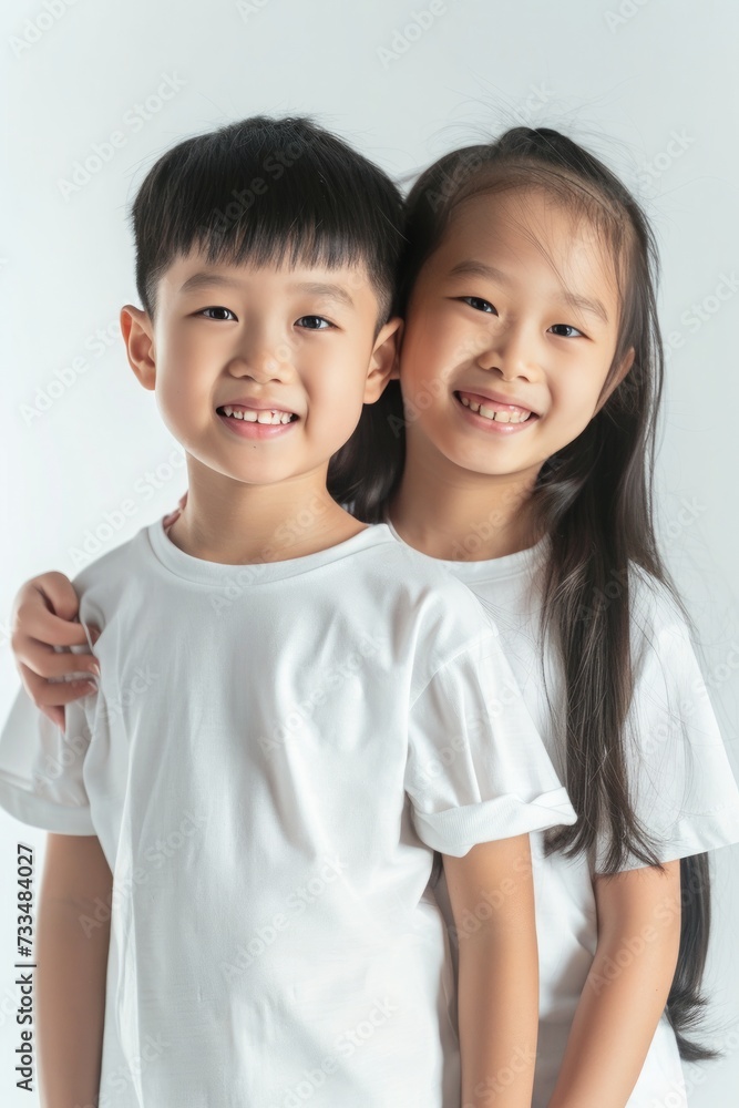 Sibling Harmony Captured in a Bright and Cheerful Portrait, Embodying the Pure Joy of Childhood, Generative AI Sibling Harmony Captured in a Bright and Cheerful Portrait, Embodying the Pure Joy of Childhood, Generative AI