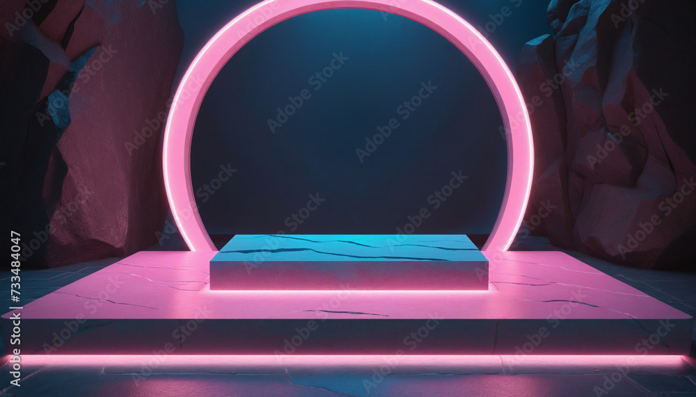 3d render, abstract minimalist pink blue neon background with stone platform, rocks, linear arch, glowing line, mirror reflection. Showcase with podium for product presentation. Futuristic wallpaper 3d render, abstract minimalist pink blue neon background with stone platform, rocks, linear arch, glowing line, mirror reflection. Showcase with podium for product presentation. Futuristic wallpaper