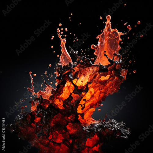 Explosion red lava with smoke isolated on black background.
