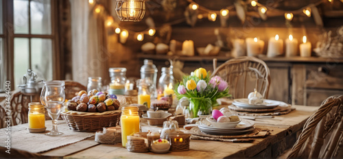 Traditional Easter setting with easter eggs on table, rustic cabin, cozy atmosphere, no people, beautiful bokeh lights, wide banner with copy space for text