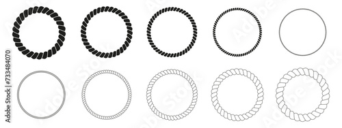 Set of round rope frames. Cord, thread, cable, twine, jute circular borders isolated on white background. Design elements on maritime, sailor, yacht, nautical theme. Vector outline illustration.