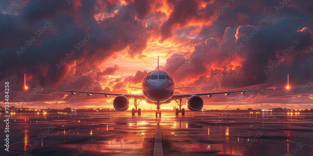 As the fiery sun sets behind the airport, a sleek and powerful airliner prepares to take flight into the vast, open sky, leaving behind a trail of heat and wonder - obrazy, fototapety, plakaty 