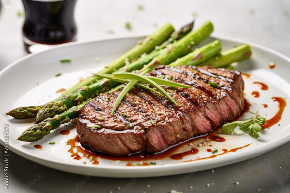 Grilled steak medium rare with asparagus on a white plate