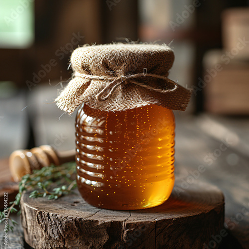 Honey jar with a burlap lid, adorned with fresh mint, on a wooden slice amidst nature photo