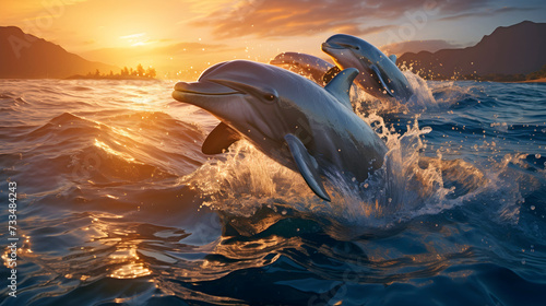 A pod of dolphins frollicking in the evening sun - warm orange sunset in the background and a group of adult dolphins jumping out of the water playing in the bay. 