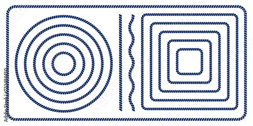 Set of round and square rope frames, straight and wavy cord borders isolated on white background. Thread, twine, jute, cable elements. Maritime, yacht, sea, ocean ornaments. Vector flat illustration