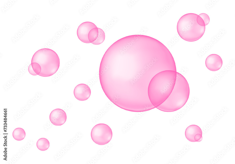 Pink glass or plastic balls. Strawberry bubble gum texture. Soap foam, bath suds, cleanser liquid, sweet fizzy water. Glutathione, bakuchiol, rose oil, serum drops. Vector realistic illustration.