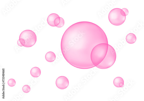 Pink glass or plastic balls. Strawberry bubble gum texture. Soap foam, bath suds, cleanser liquid, sweet fizzy water. Glutathione, bakuchiol, rose oil, serum drops. Vector realistic illustration.