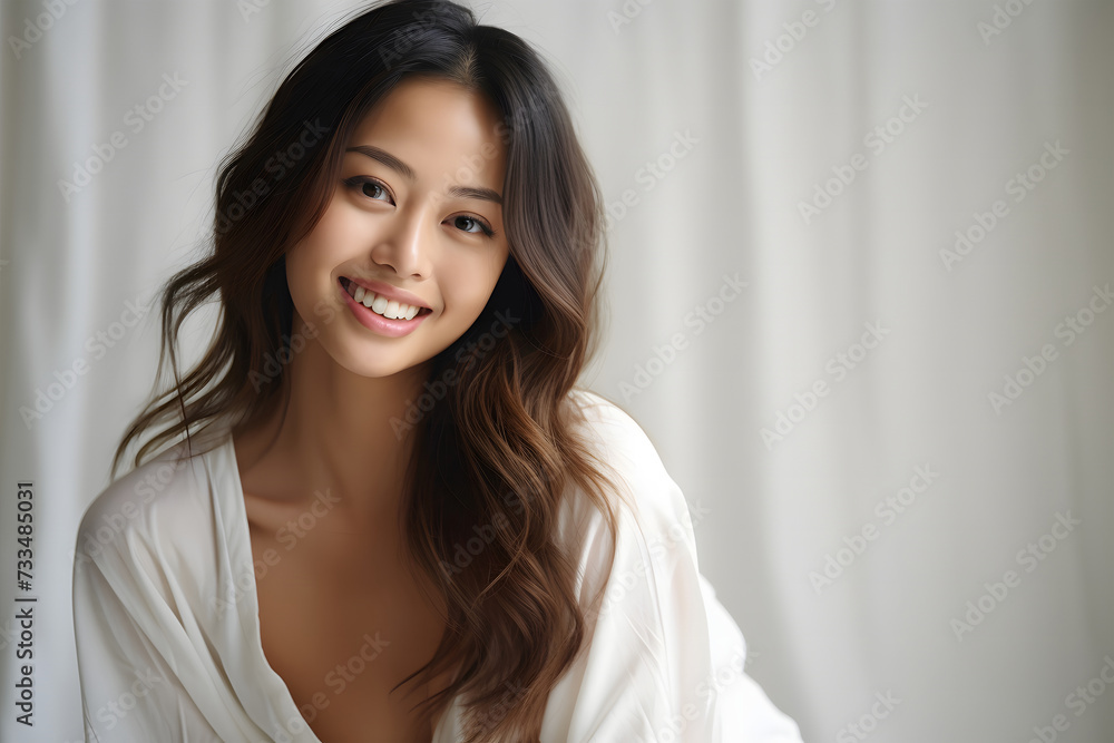 Beautiful mature woman wakes up in white pajamas, bedroom atmosphere in the morning Beautiful mature woman wakes up in white pajamas, bedroom atmosphere in the morning