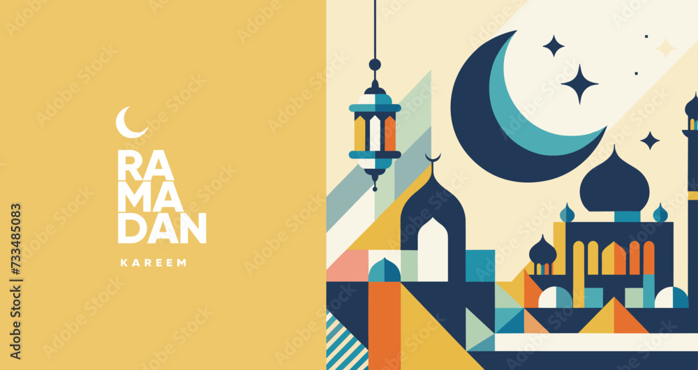 Stylized vector illustration of Ramadan Kareem with a crescent moon, stars, traditional lantern, and mosque silhouette. - obrazy, fototapety, plakaty 
